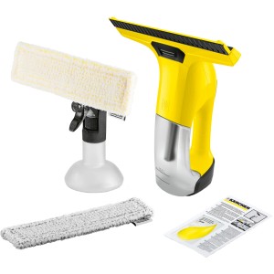 Kärcher Akku-Fenstersauger WV 6 Plus P Gelb mit Sprühflasche, Wischbezug und Zubehör.