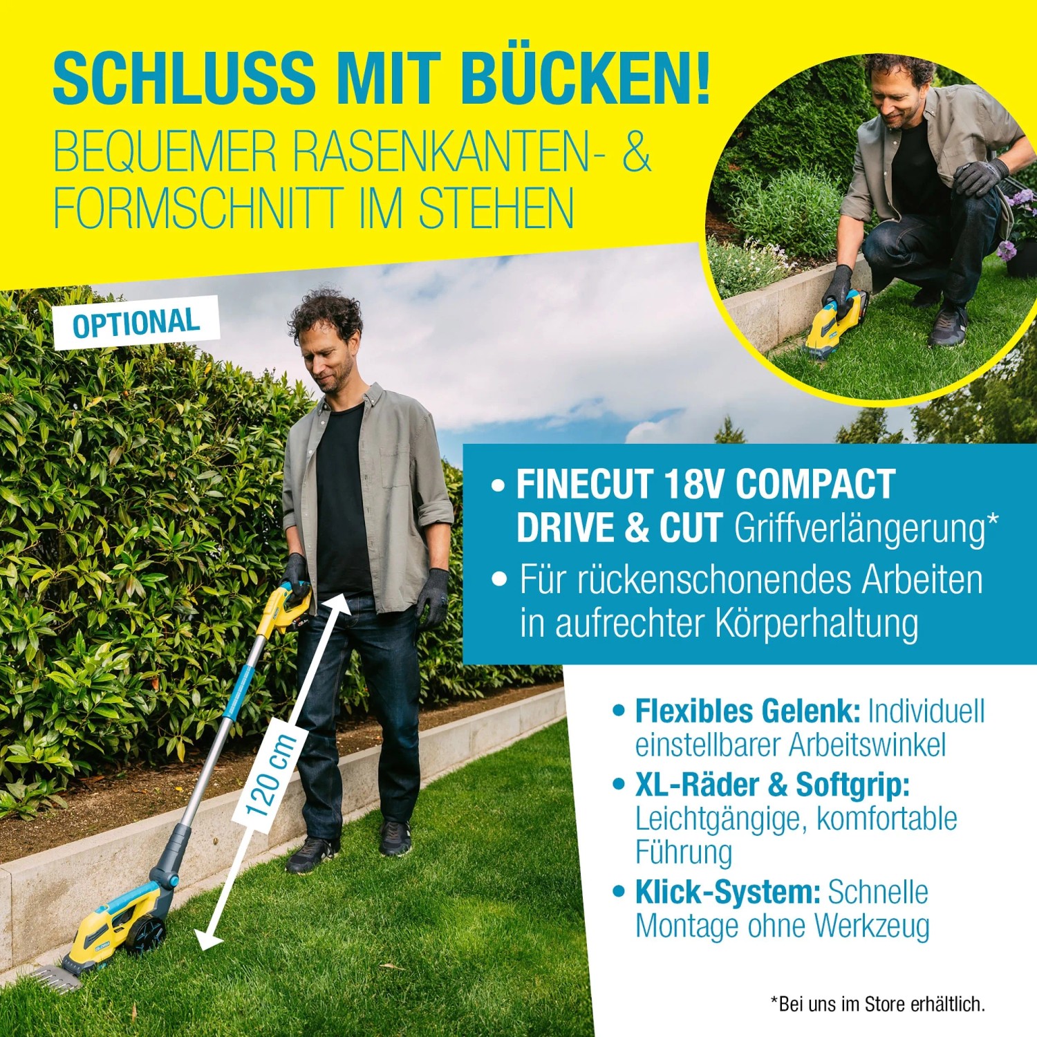 Gloria FineCut Compact: Akku Gras- und Strauchschere mit Griffverlängerung für bequemes Arbeiten.