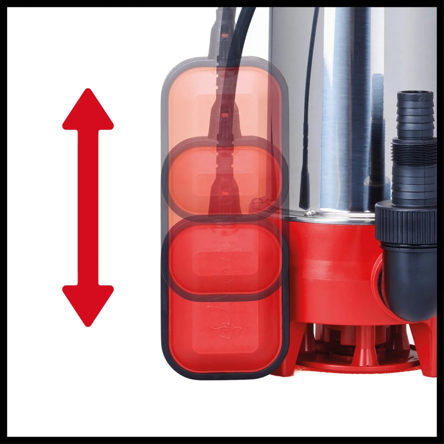 Detailaufnahme: Einhell GC-DP 1135 N Schmutzwasserpumpe mit verstellbarem Schwimmerschalter.