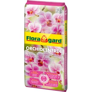 Floragard Orchideenerde, 5L Sack mit Orchideenblüten. Spezialerde für gesunde Orchideen.