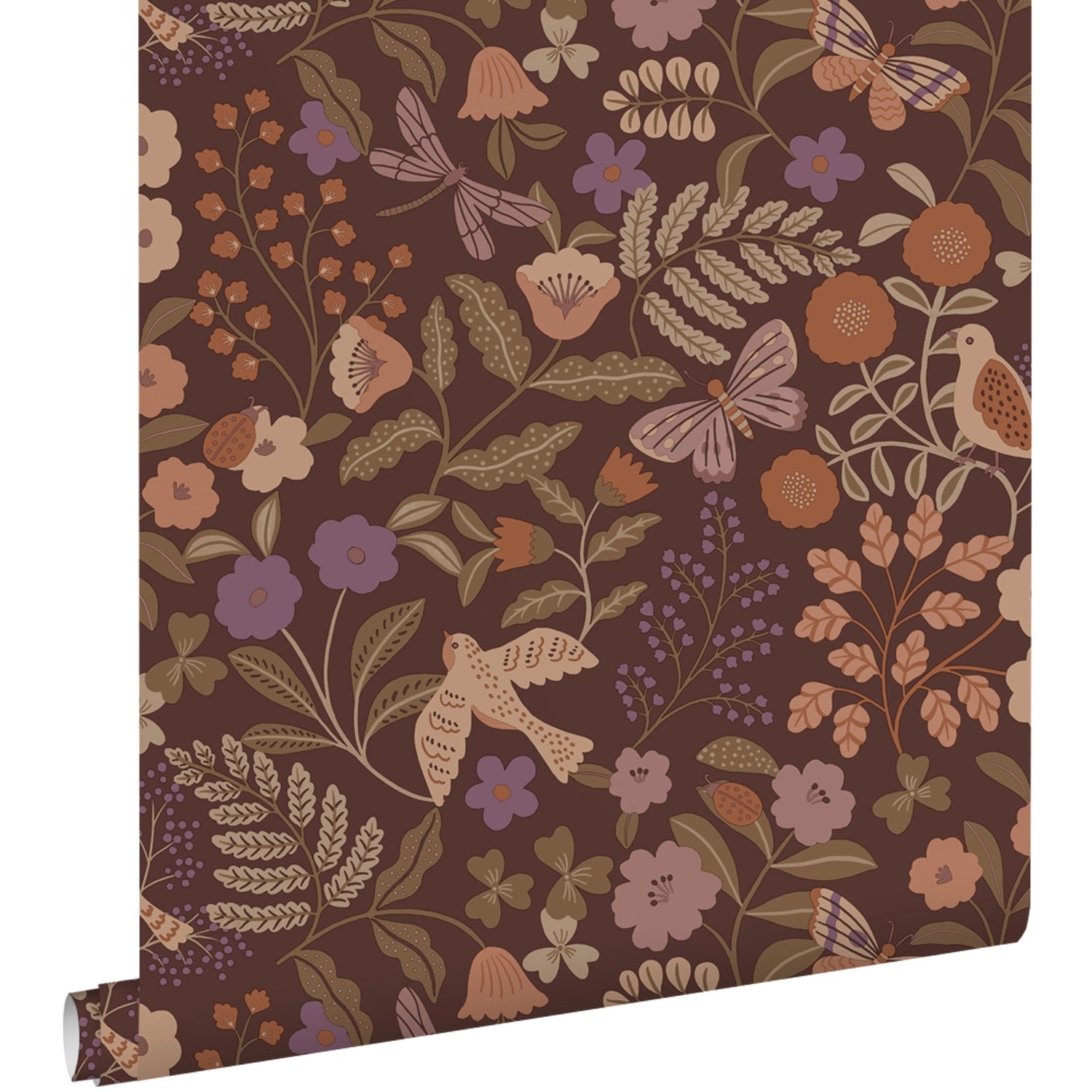 ESTAhome Tapete Blumen und Vögel Braun Grün Terrakotta und Lila 53 cm x 10. günstig online kaufen