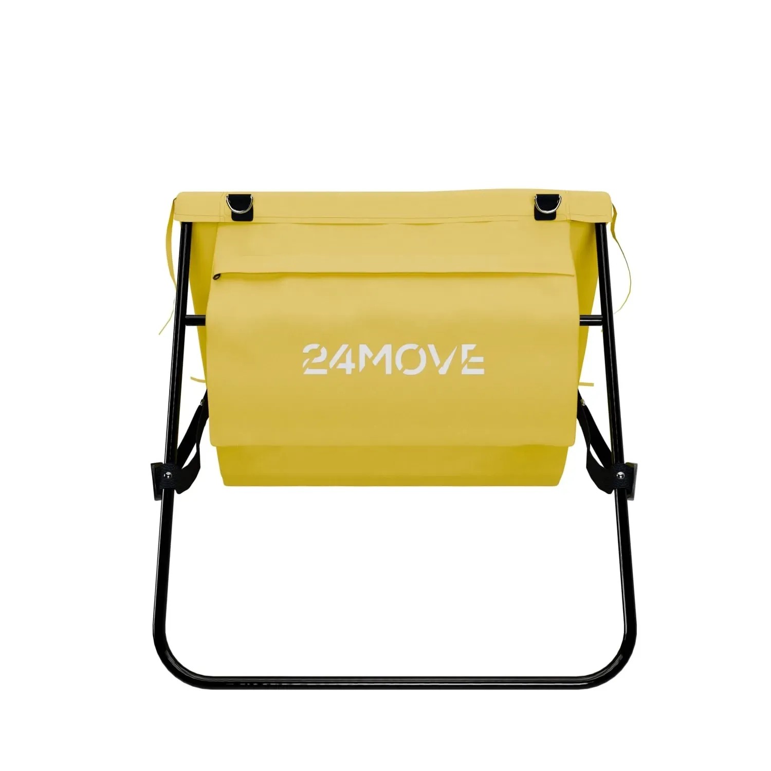 Gelbe 24MOVE Strandmatte, klappbar mit Rückenlehne und Tasche, mit Gurt.