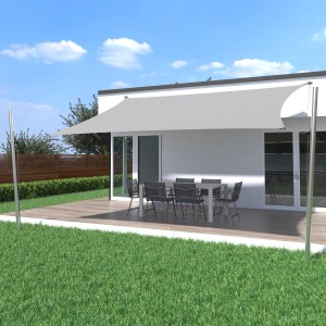 Hellgraues Toldoro Sonnensegel Komplettset 4x4m mit Befestigung an Hauswand und zwei Masten.