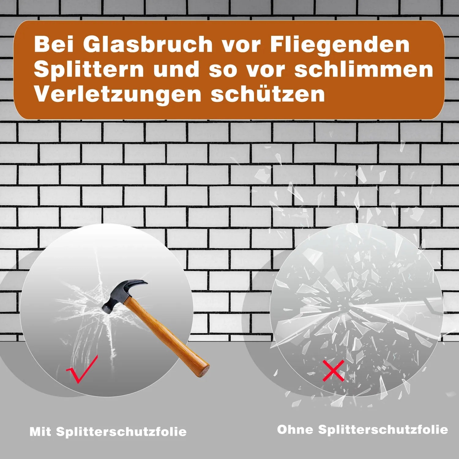 Aica Spiegel: Vergleich mit/ohne Splitterschutzfolie nach Hammerschlag.