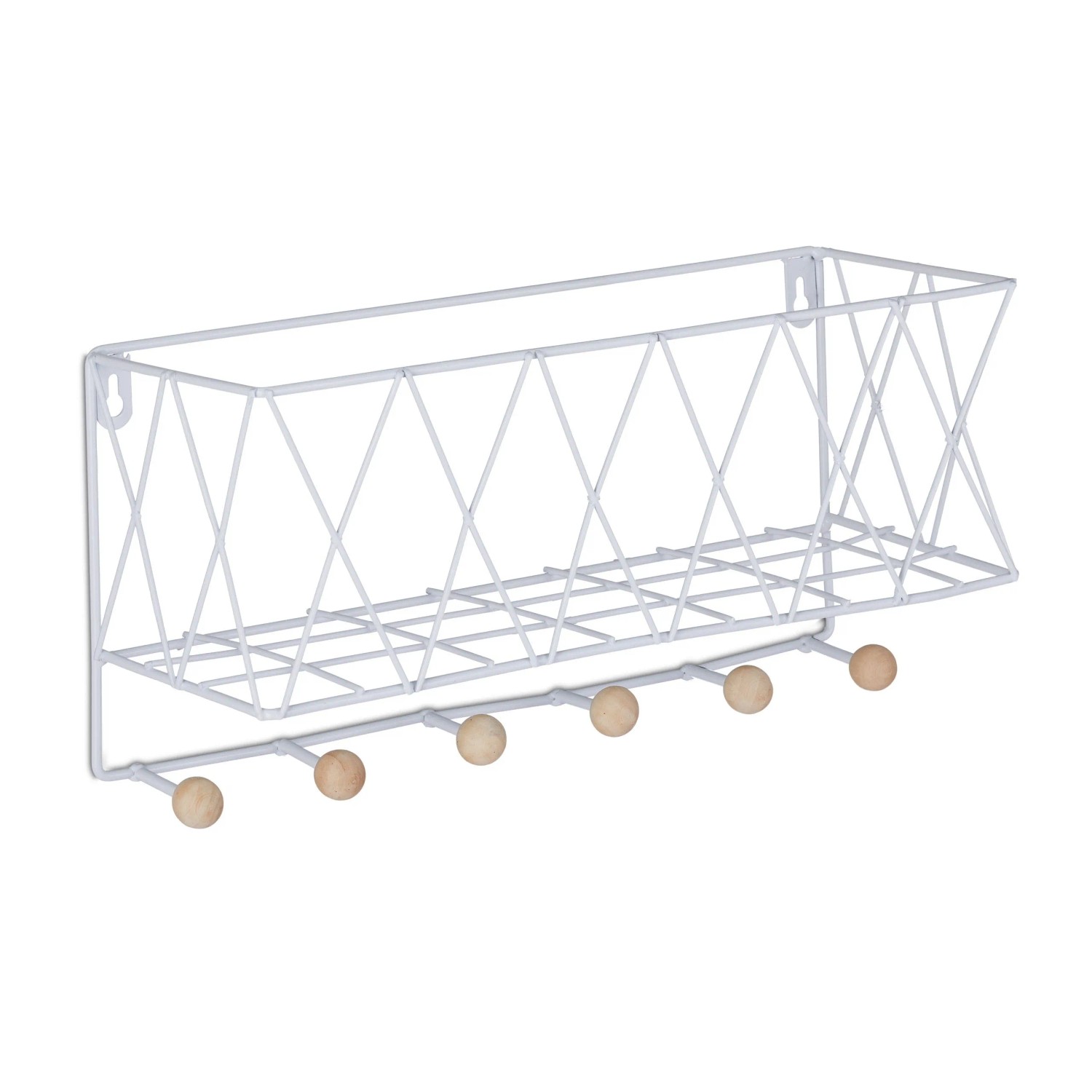 Relaxdays Wandregal Metall Weiß mit 6 Haken 17 cm x 36 cm x 13 cm 0,45 kg