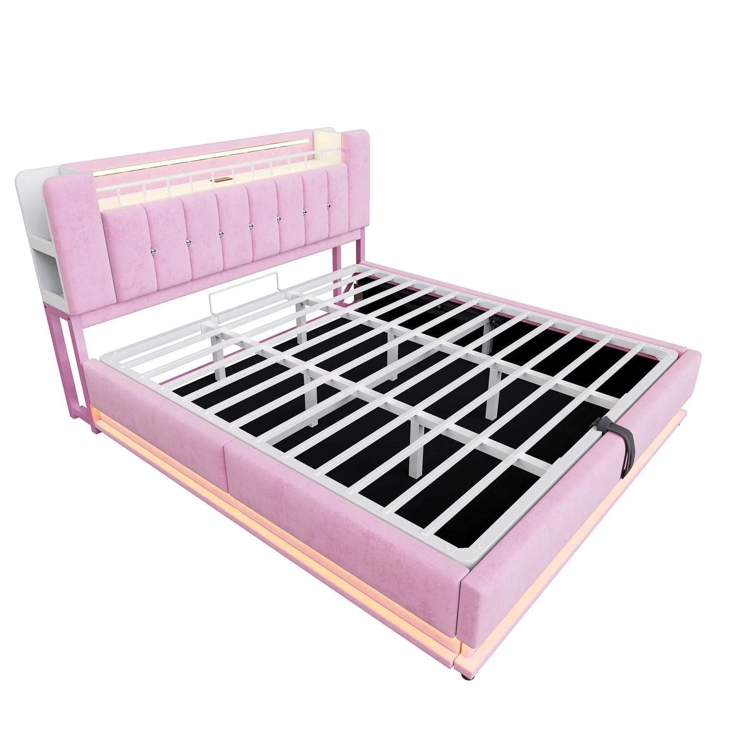 Merax Polsterbett 180x200cm LED USB Stauraum Samt Rosa