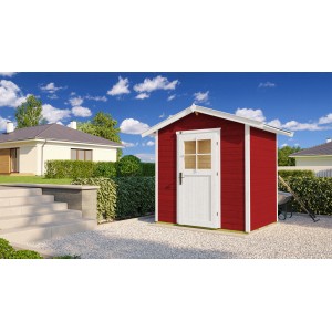 Rotes Weka Holz-Gartenhaus mit Satteldach und weißer Tür. Gartenhaus für Gartengeräte und mehr.