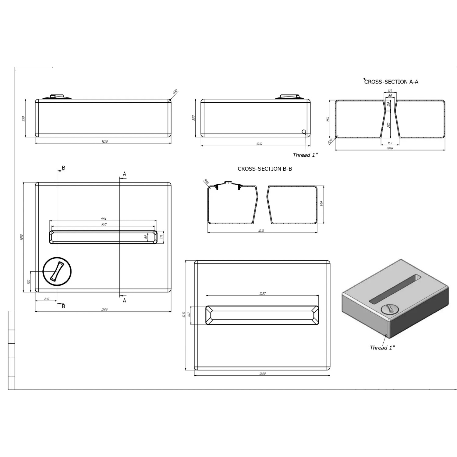Technisches Diagramm des KMND 400L Rechteck Trinkwasser Wassertanks. Ansichten, Maße und Gewindeanschluss des PE-Tanks.