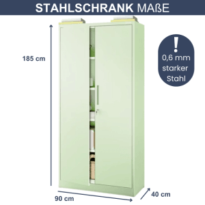 Pastellgrüner, abschließbarer DELUKE Aktenschrank KADO (185x90x40cm) mit Flügeltüren.