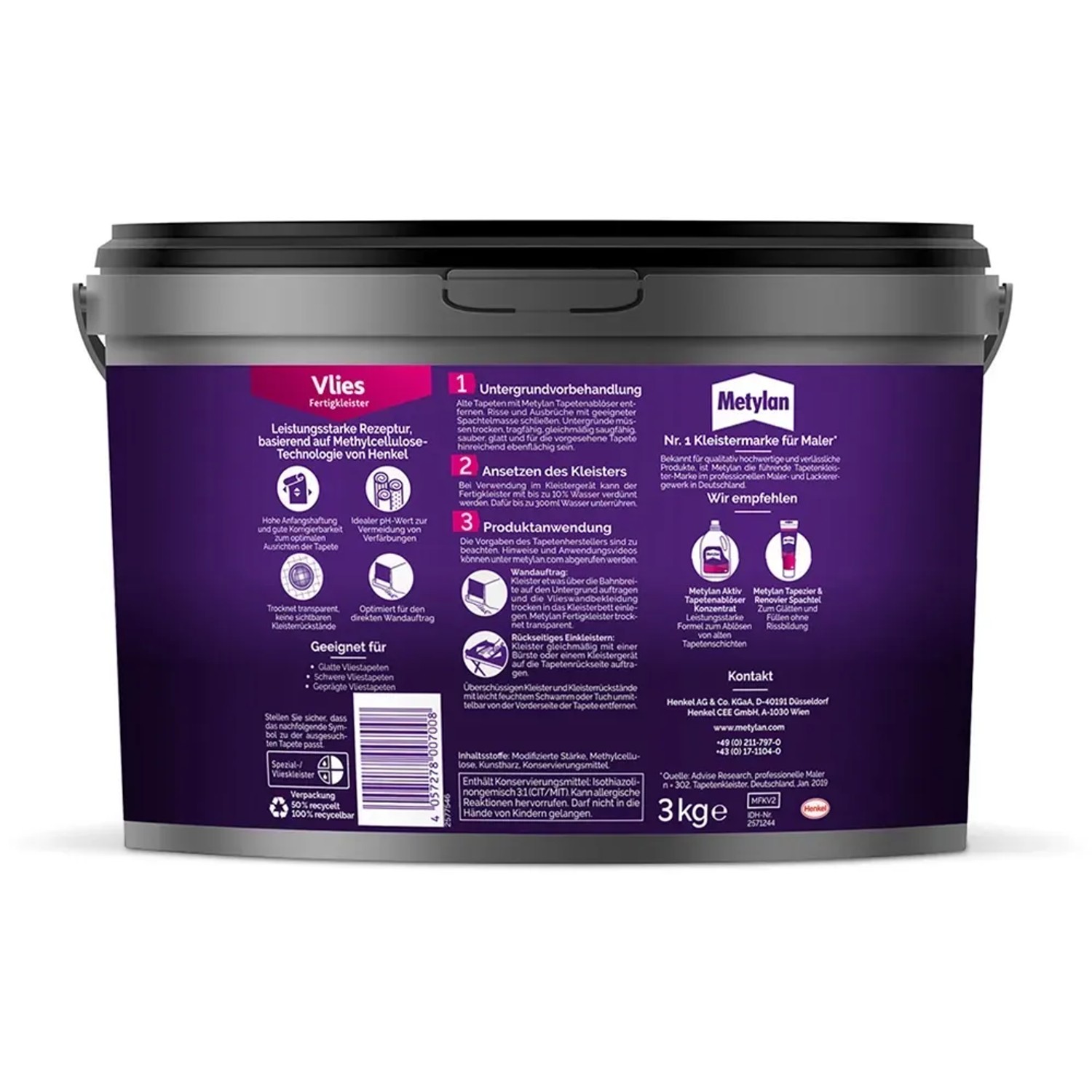 Eimer Metylan Fertigkleister Vlies 3kg, gebrauchsfertiger Tapetenkleister für Vliestapeten.