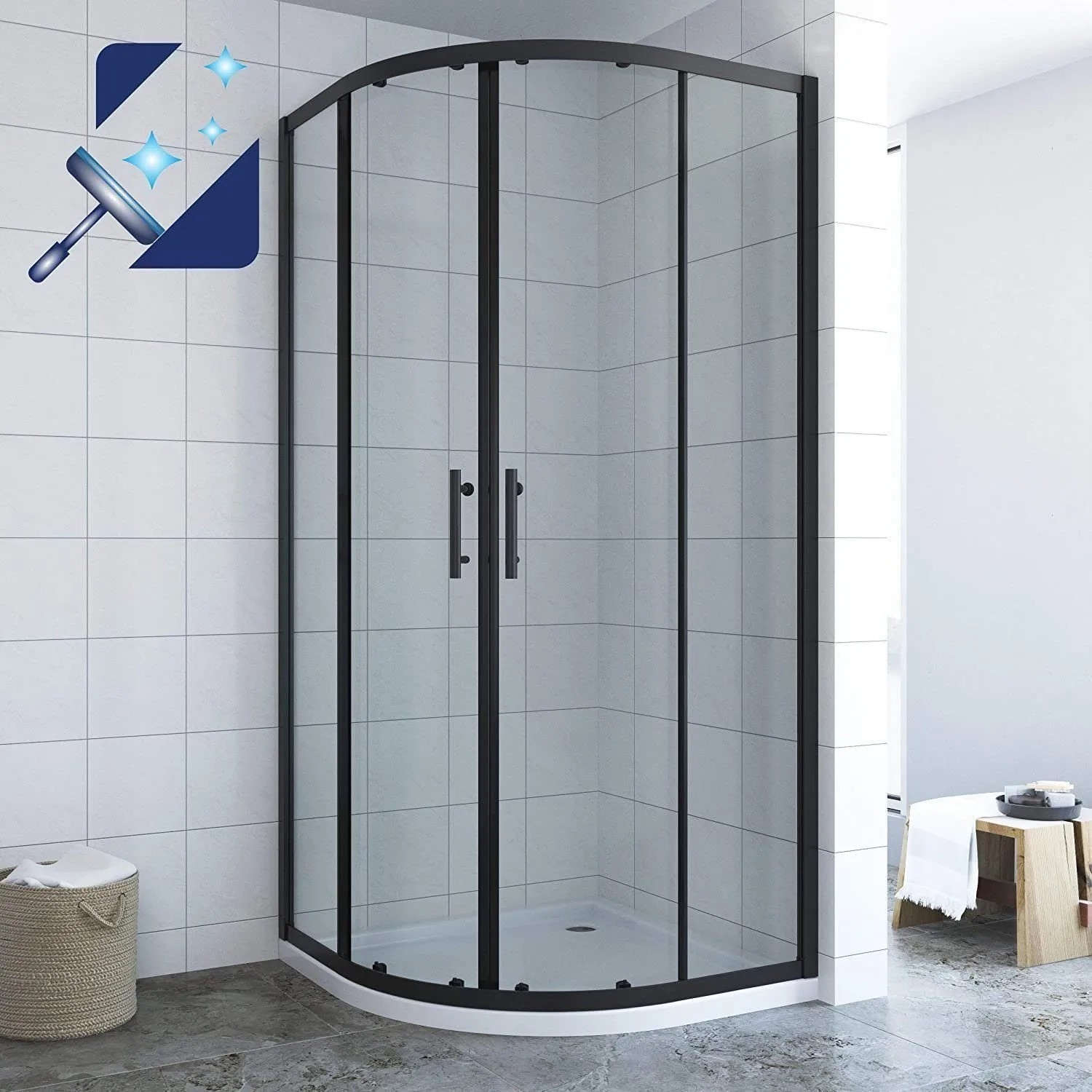 Aquabatos Viertelkreis-Duschkabine, schwarzmatt, mit klarem ESG Sicherheitsglas und Schiebetüren. Moderne Runddusche für Ihr Bad.