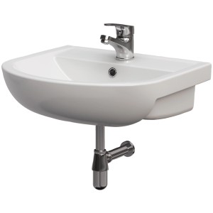 Weißes AquaSu Handwaschbecken Puna, 50 cm breit, mit Armatur und Siphon.