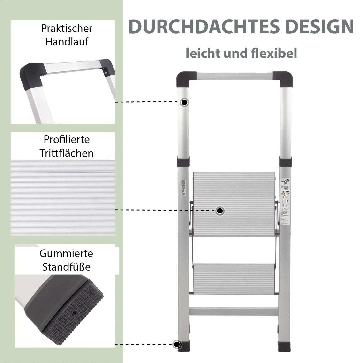 TRUTZHOLM Alu Trittleiter, 2 Stufen, Handlauf, silber. Klappbare Leiter mit Anti-Rutsch-Trittflächen.