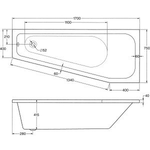 Technische Zeichnung der Raumsparwanne Koala Vario Typ A in Weiß mit Maßangaben.