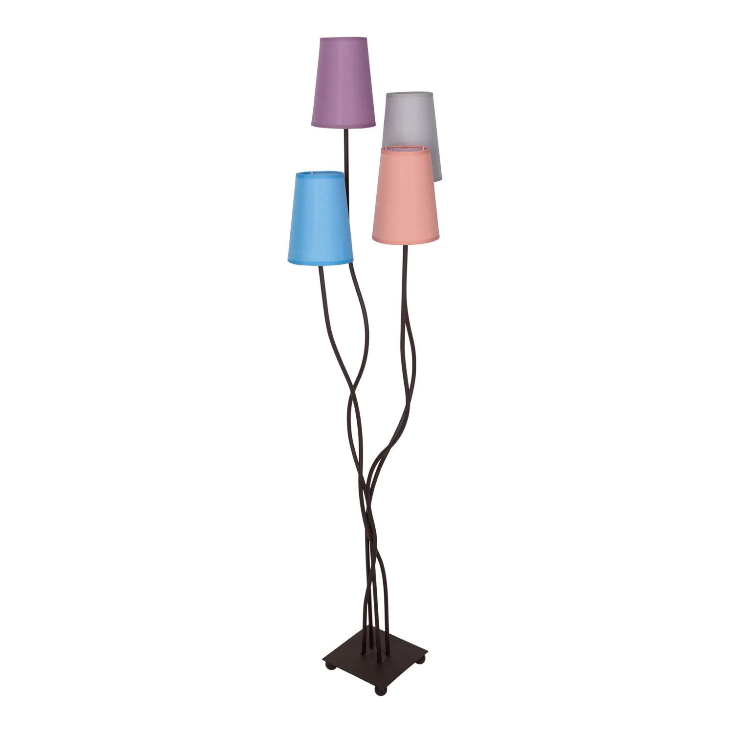 Bunte 4-flammige Boho Stehleuchte von Näve, 138 cm hoch, mit Textilschirm in Lila, Grau, Rosa und Blau.
