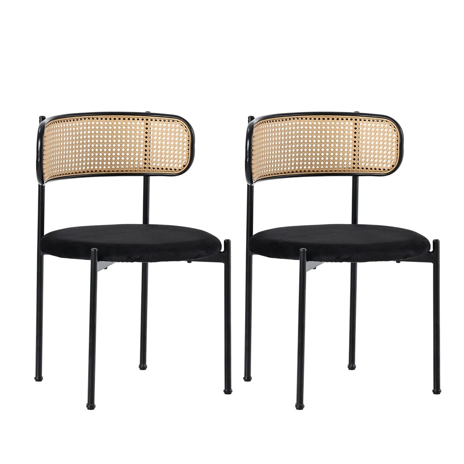 Merax Samt Esszimmerstuhl 2er Set Rattan Optik mit Metallbeinen Schwarz