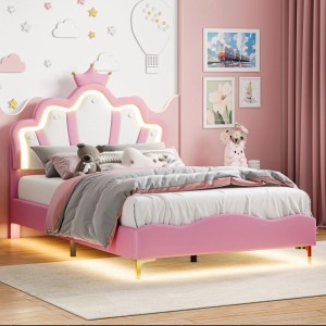 PXloue Kinderbett Polsterbett 140x190 cm mit Verstellbarem Kopfteil und LED Kunstleder