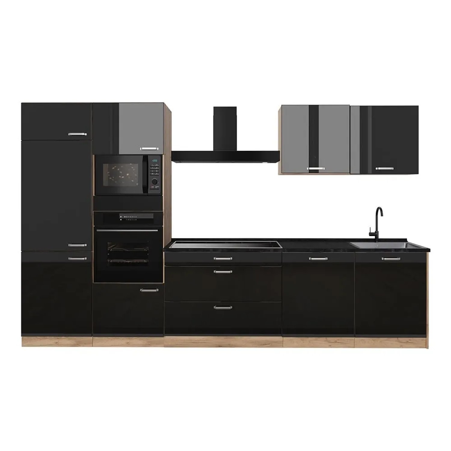 Vicco Küchenzeile R-Line Schwarz Hochglanz/Goldkraft Eiche 340 x 207 Arbeitsplatte Anthrazit Art Nr 66577