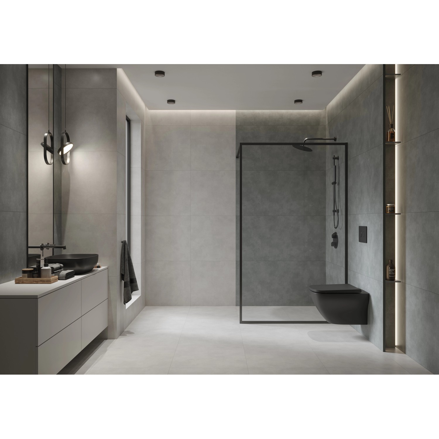 Modernes Bad mit grauen Silver Peak Feinsteinzeug Bodenfliesen im Format 59,8x119,8 cm.