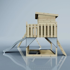 PolarPlay Spielturm Aksel Eisblau mit Rutsche, Schaukel und Spielhaus aus Holz.