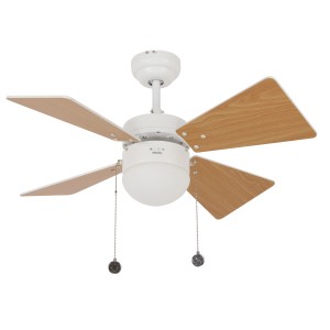 BEACON Deckenventilator Breezer mit Beleuchtung, 81 cm, weiße Gehäuse, Holzdekor Flügel und Zugketten.