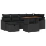 Schwarzes 7-teiliges vidaXL Garten-Sofa-Set aus Poly Rattan mit Tisch und Kissen.