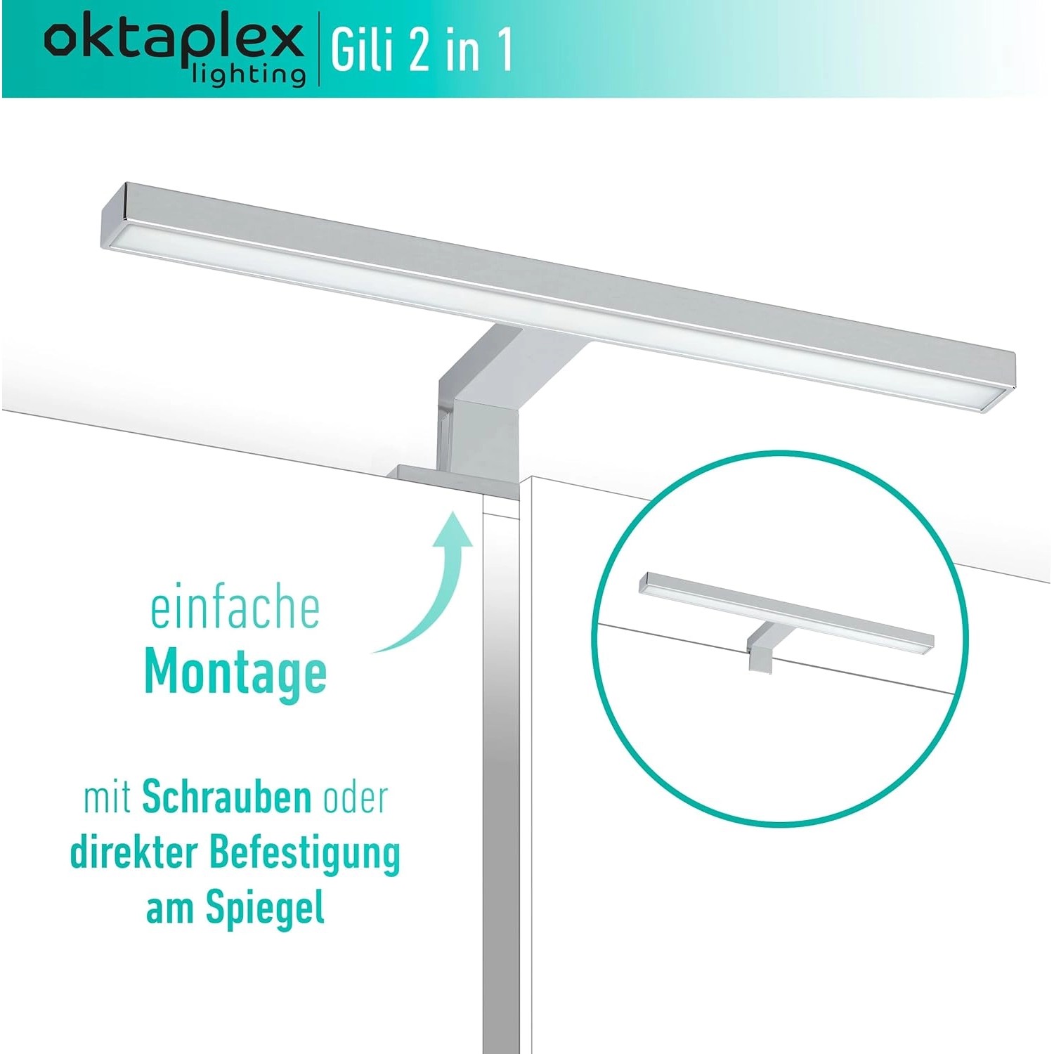 Oktaplex LED Spiegellampe 30cm, Chrom, kaltweiß (6500K), 5W, 2-in-1 Montage.