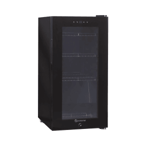 Schwarzer Sommertal Kühlschrank GK 50 mit Glastür und Edelstahlböden.