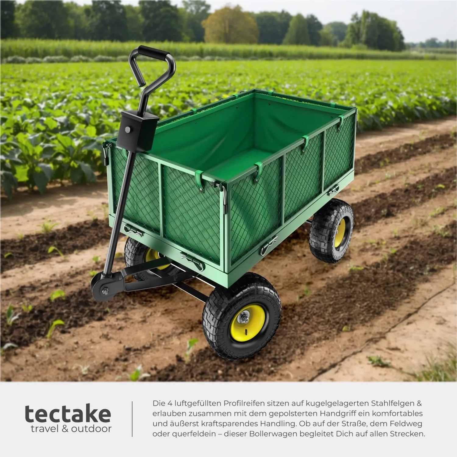 Grüner Tectake Bollerwagen mit klappbaren Seitenwänden und Luftreifen vor Feld.