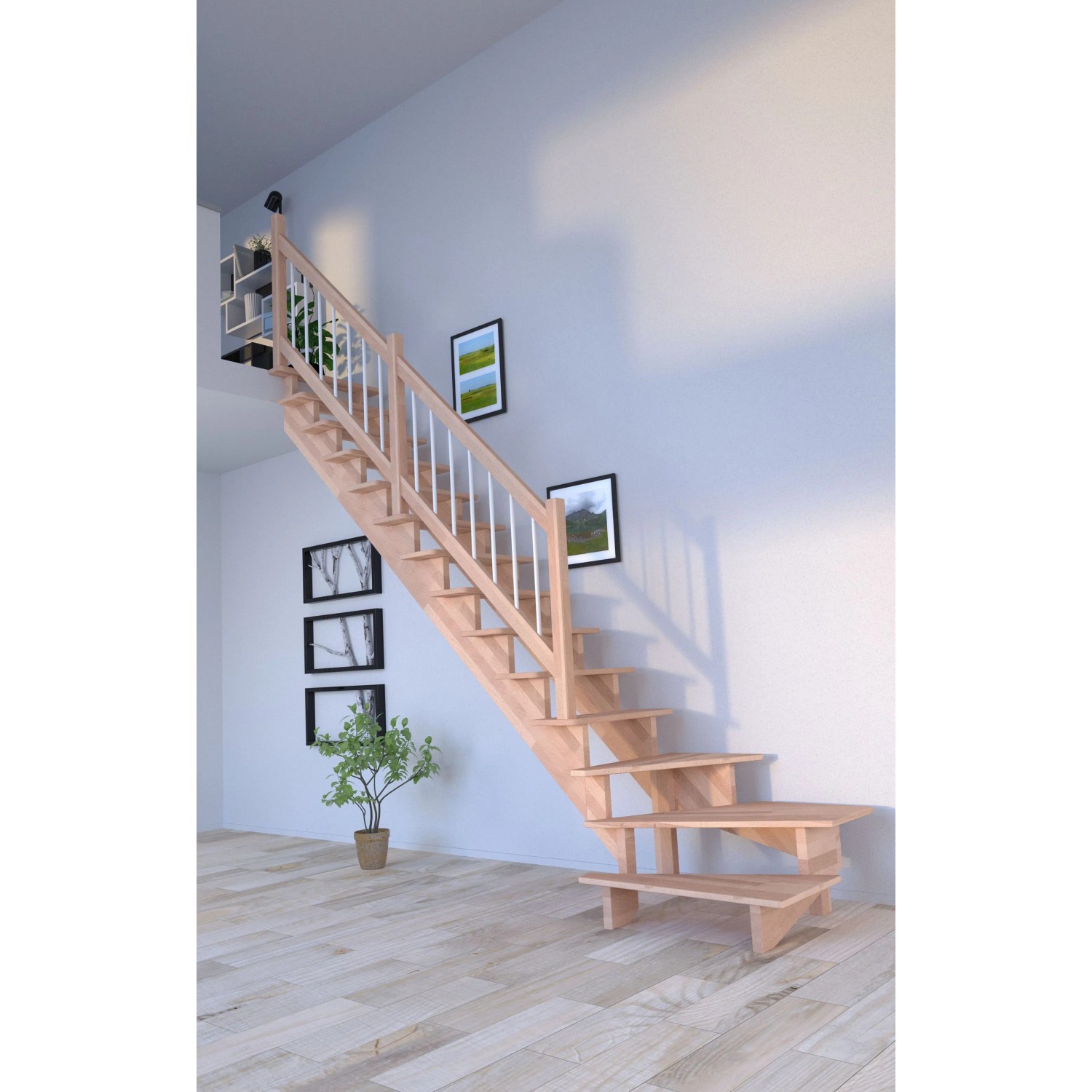 Gewendelte Buchenholztreppe Lindos Pro mit weißem Holz-Edelstahl-Geländer im modernen Wohnraum.