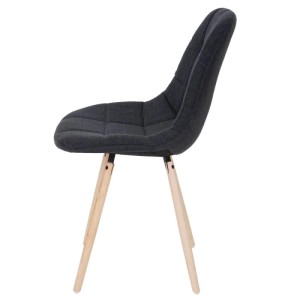 Dunkelgrauer MCW Esszimmerstuhl aus Stoff mit gesteppter Polsterung und hellen Holzbeinen im Retro-Design.