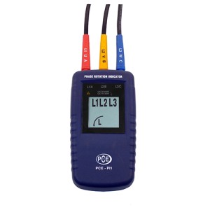 PCE Instruments Drehfeldtester PI1 zur Phasenprüfung mit LCD-Display und farbigen Prüfleitungen.