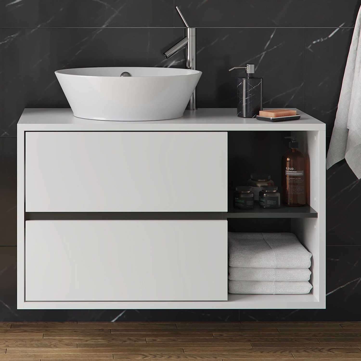 Weißer Vicco Waschbeckenunterschrank Viola (100x60 cm) mit Aufsatzwaschbecken und zwei Schubladen.