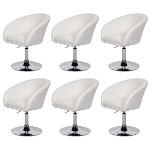 6er-Set: Weiße MCW Esszimmerstühle F19 aus Kunstleder mit verchromtem Fuß.