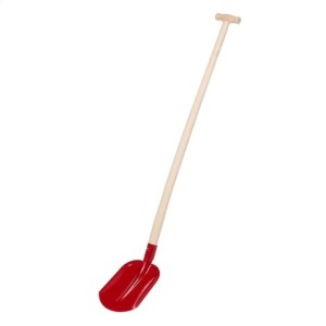 Rote Galaflor Sandschaufel mit abgerundetem Stahlblatt und langem Holz-T-Stiel für Garten & Bauarbeiten.