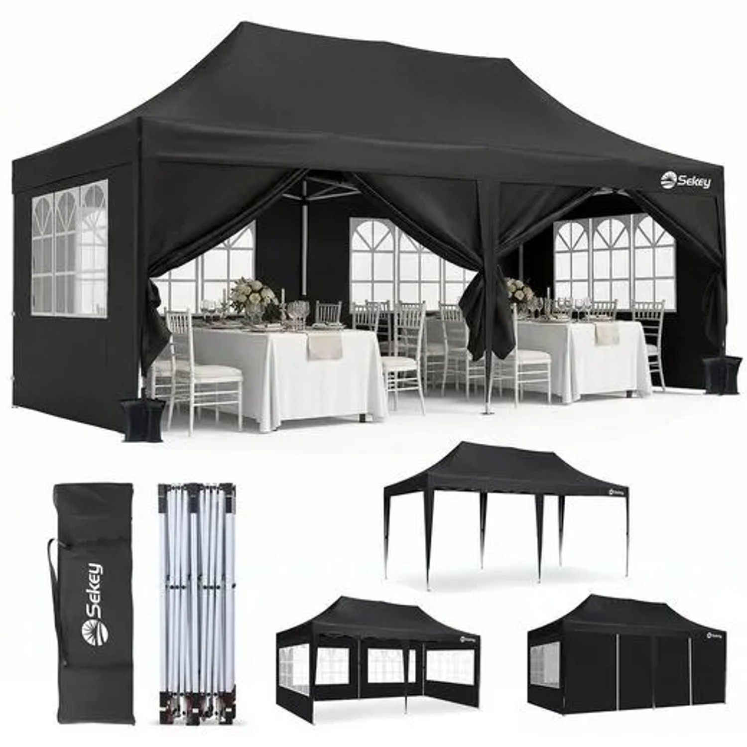 Sekey Faltpavillon 3x6 m mit 4 Seitenteilen und 2 Eingängen Wasserdicht UV Schutz 50