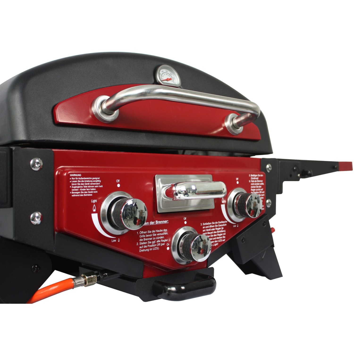 El Fuego Tischgasgrill Smoker Medison, 2 Brenner, rot. Detailansicht der Bedienelemente.