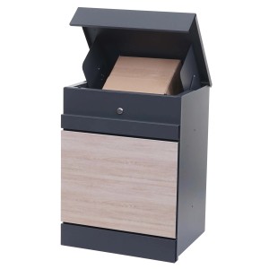Anthrazitfarbener Paketkasten mit Holzoptik und geöffnetem Deckel, Paket sichtbar.