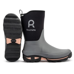 Graue Cleangard Garten-Halbstiefel aus Neopren mit schwarzem Schaft und rutschfester Sohle. Bequeme, isolierende Gartenbekleidung.