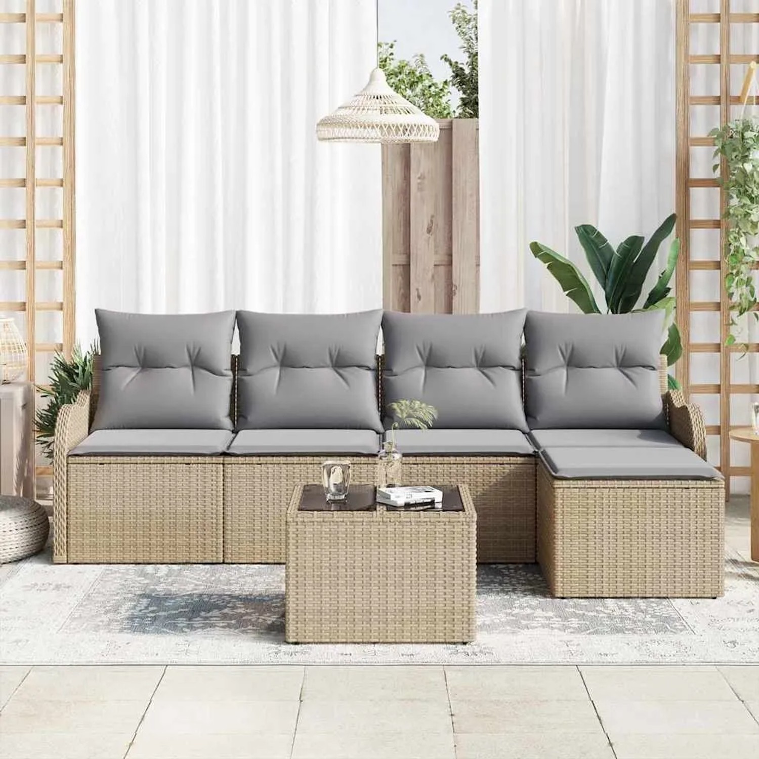 Beiges 6-tlg. vidaXL Garten-Sofa-Set aus Poly Rattan mit Kissen und Tisch.