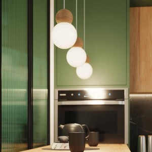 Sollux Lighting Hängeleuchte Pekka 3-flammig, weißes Glas mit Naturholz, skandinavisches Design.