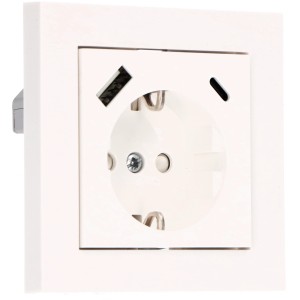 Weiße ProCharge Steckdose mit USB-A und USB-C Anschluss für schnelles Laden.