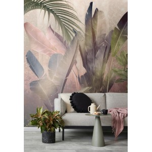 Fototapete Rainforest Mist in Grün und Rosa, tropische Blätter im Wohnraum.