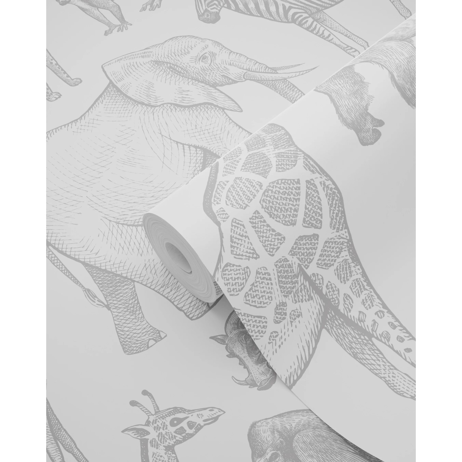 ESTAhome Vliestapete Dschungeltiere in Weiß/Grau. Elefant, Giraffe und Zebra als Muster für Kinderzimmer.