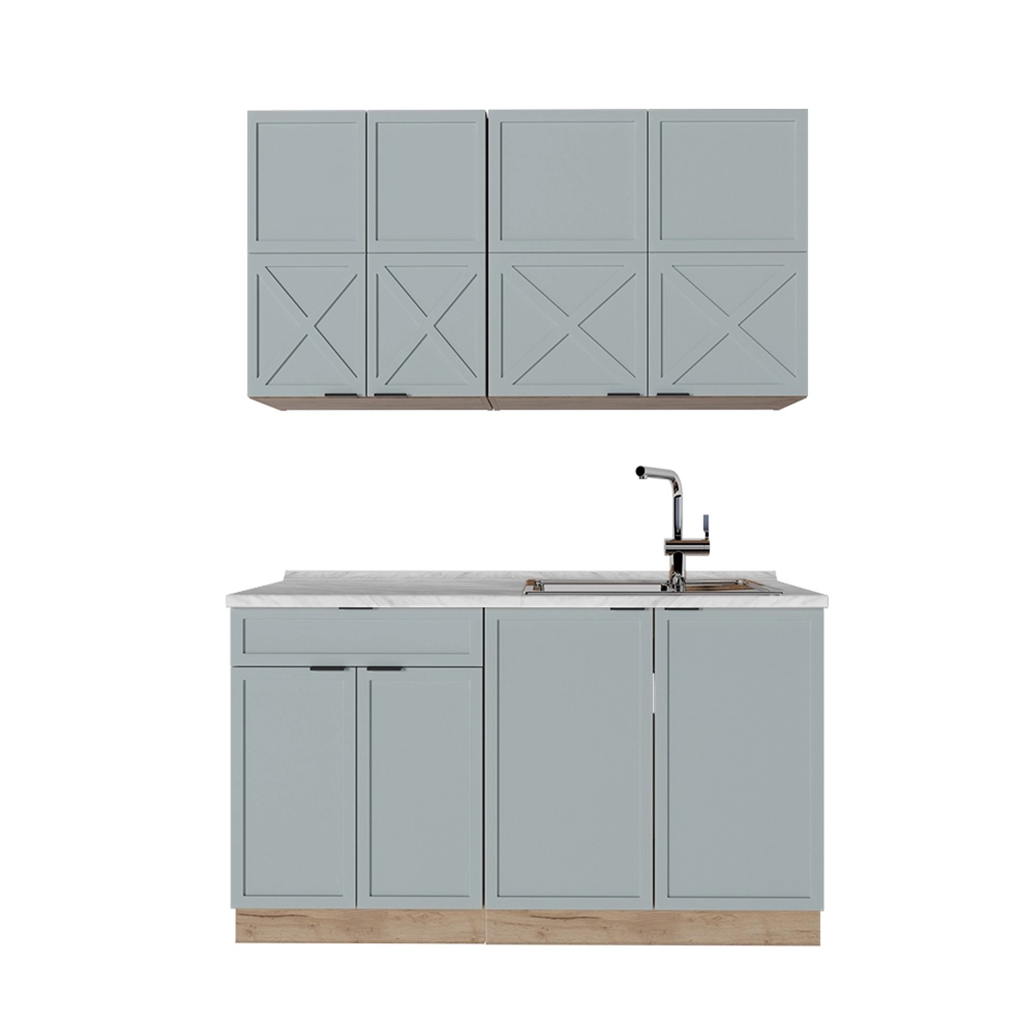 Vicco Fame-Line Singleküche Hellblau-grau/Goldkraft Eiche 140 cm AP Marmor günstig online kaufen