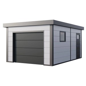 Weiße Fertiggarage 3654 mit Sektionaltor, Seitentür und Fenster. Maße: 358 x 538 cm.