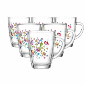 Sechs Kaffeegläser aus Glas mit bunten Paisley-Blüten. Spülmaschinenfestes Geschirr-Set mit Henkeln.