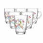 Sechs Kaffeegläser aus Glas mit bunten Paisley-Blüten. Spülmaschinenfestes Geschirr-Set mit Henkeln.