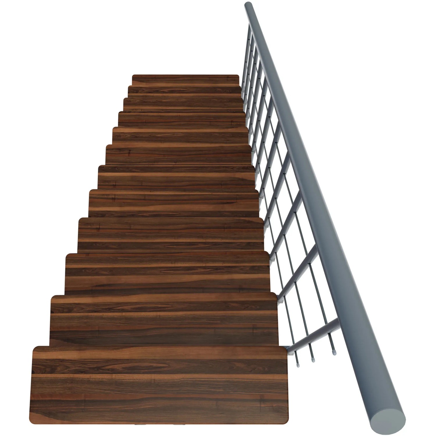 Minka Mittelholmtreppe Comfort Top in Walnuss/Grau, Ansicht von unten. Holzstufen mit grauem Geländer.