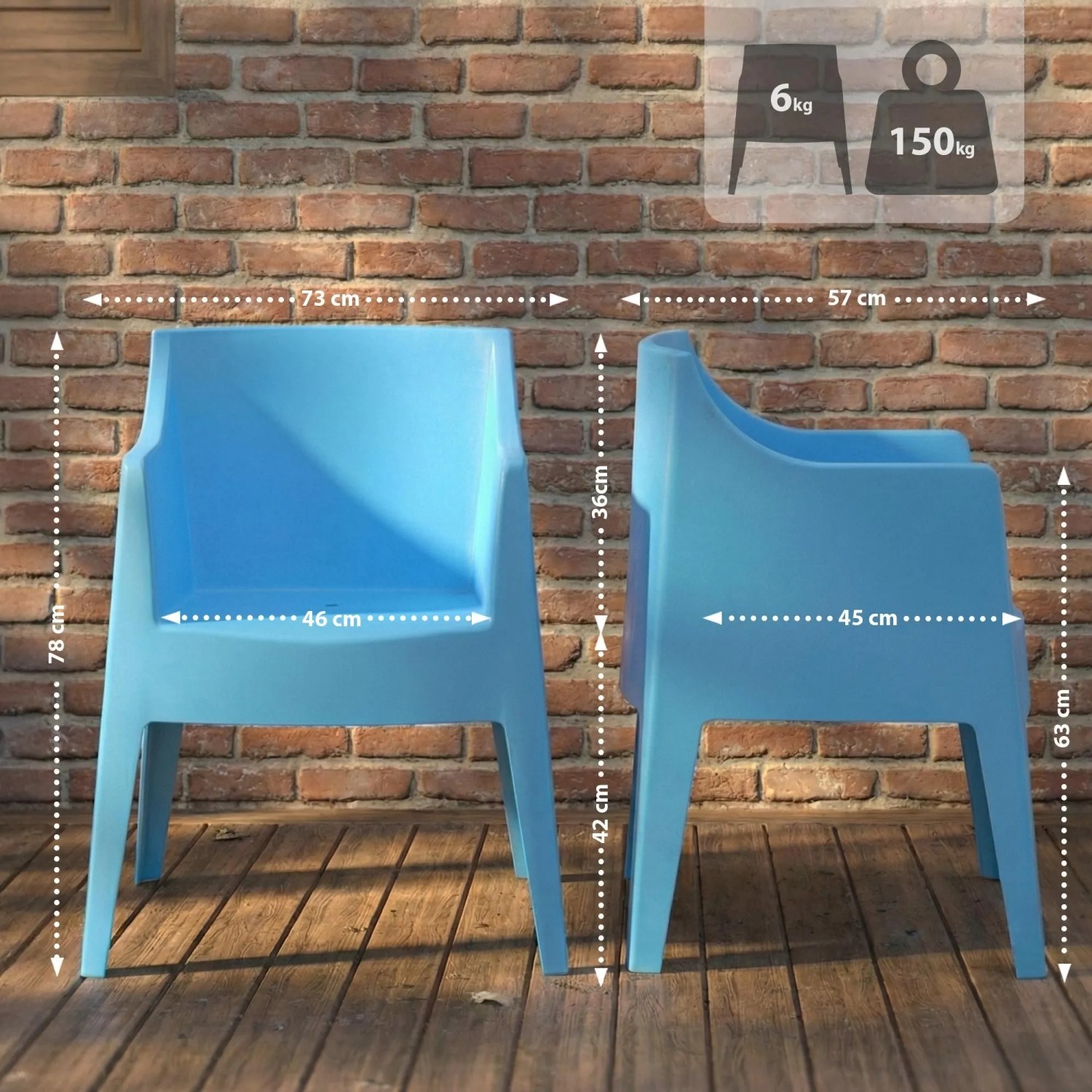 Blauer DELUKE HENRI Gartenstuhl aus Kunststoff, stapelbar, mit Maßen 73x57x78cm. Ideal für Garten & Terrasse.